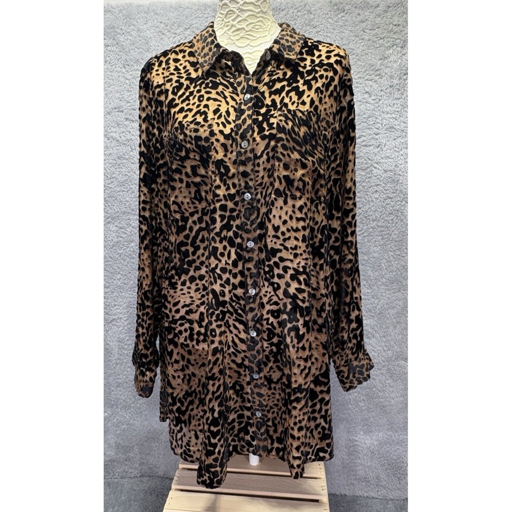 Intro Women 2X Brown Black Animal Print Button Front Shirt‎ Long Sleeve Sheer
